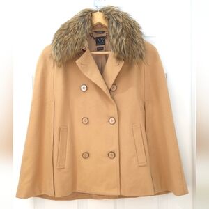 Armani Exchange Vintage  Tan Wool Cape Coat M Removable Faux Fur Collar